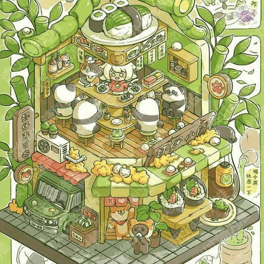 Cute Animals Happy Shops – 3D Miniature Scene Stickers – 4 Theme Sets: Cat Tree Café | Panda Sushi Bar | Doggy Grooming Salon | Little Bear Dumpling Shop