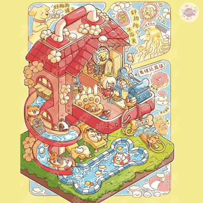 Cute Animals Happy Shops – 3D Miniature Scene Stickers – 4 Theme Sets: Cat Tree Café | Panda Sushi Bar | Doggy Grooming Salon | Little Bear Dumpling Shop