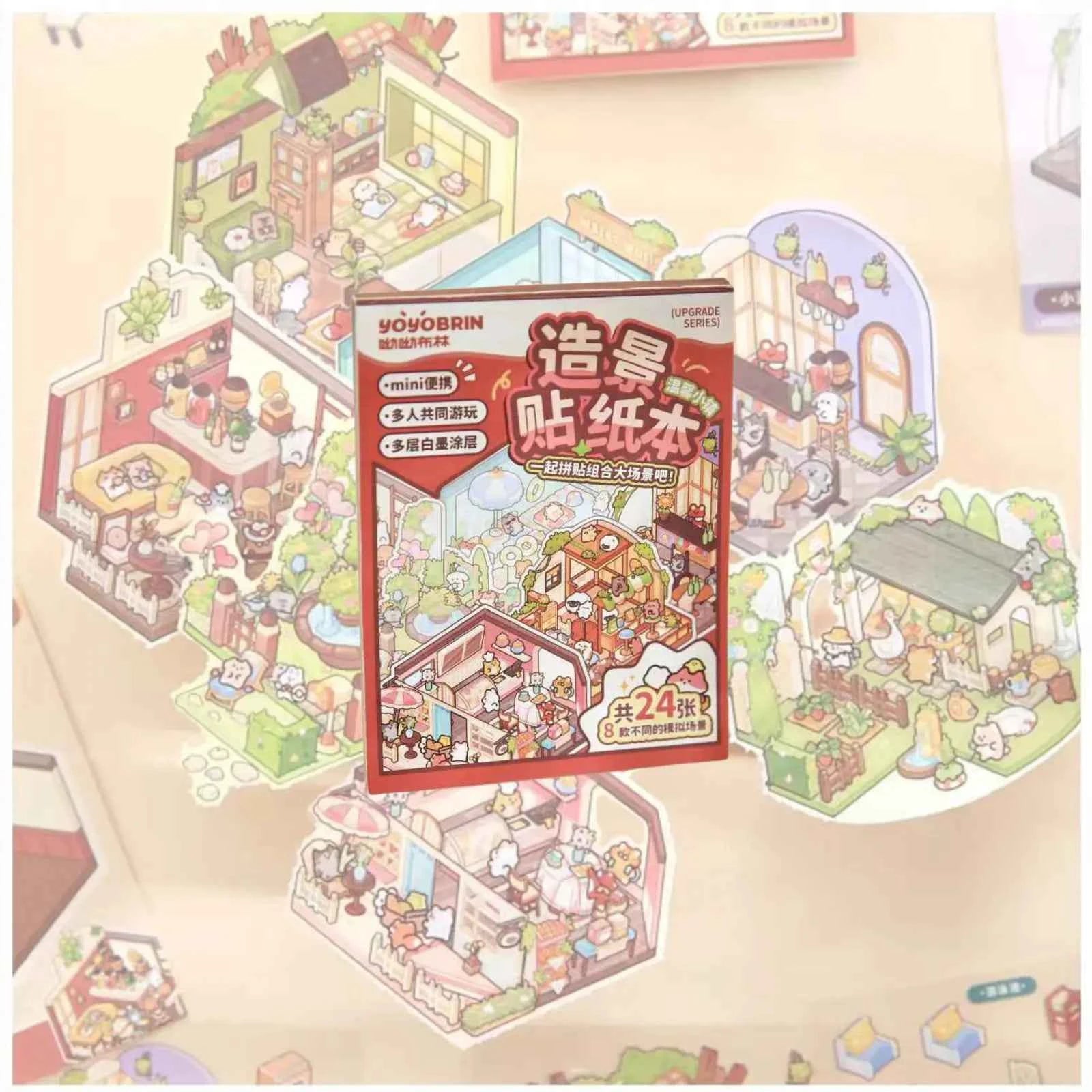 Cute Animals 2.5D Mini Scene Stickers Scrapbook – 16 Unique Themes: Orange Book (8 Themes) | Red Book (8 Themes)