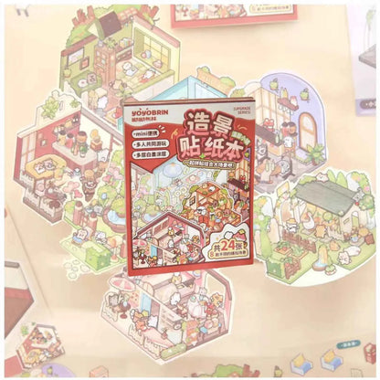 Cute Animals 2.5D Mini Scene Stickers Scrapbook – 16 Unique Themes: Orange Book (8 Themes) | Red Book (8 Themes)