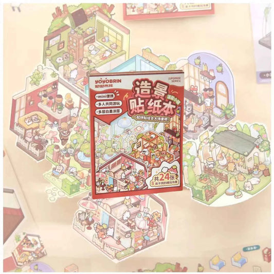 Cute Animals 2.5D Mini Scene Stickers Scrapbook – 16 Unique Themes: Orange Book (8 Themes) | Red Book (8 Themes)