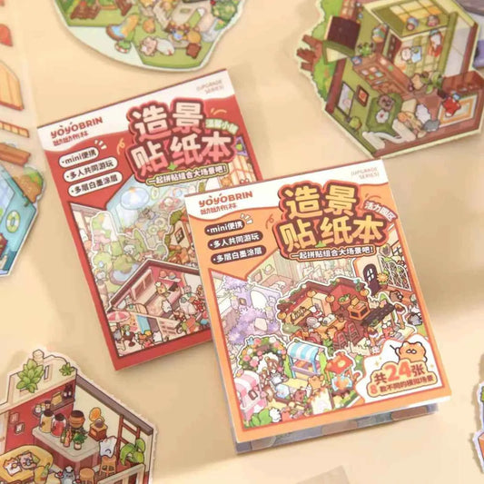 Cute Animals 2.5D Mini Scene Stickers Scrapbook – 16 Unique Themes: Orange Book (8 Themes) | Red Book (8 Themes)