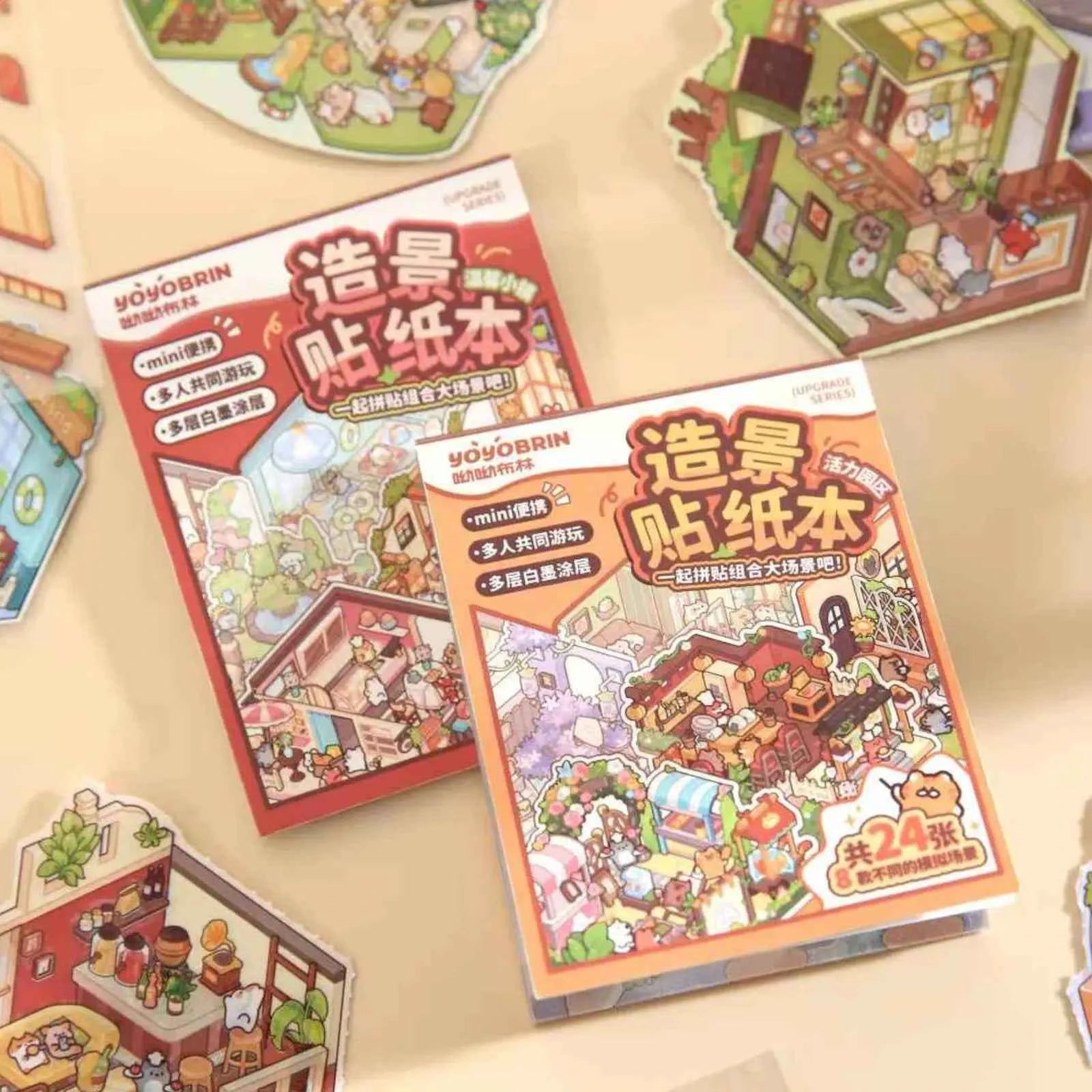 Cute Animals 2.5D Mini Scene Stickers Scrapbook – 16 Unique Themes: Orange Book (8 Themes) | Red Book (8 Themes)