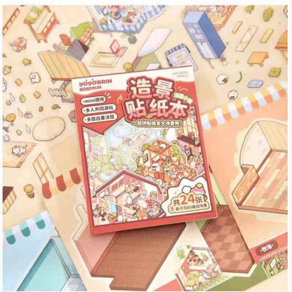 Cute Animals 2.5D Mini Scene Stickers Scrapbook – 16 Unique Themes: Orange Book (8 Themes) | Red Book (8 Themes)