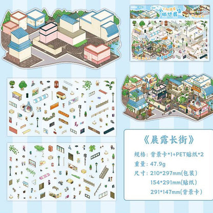 Relaxing Town – 3D Miniature Scene Stickers (Plus Size, Connectable) – 4 Theme Sets: Dockside Town | Red Brick Square | Shopping Street | Crossroads