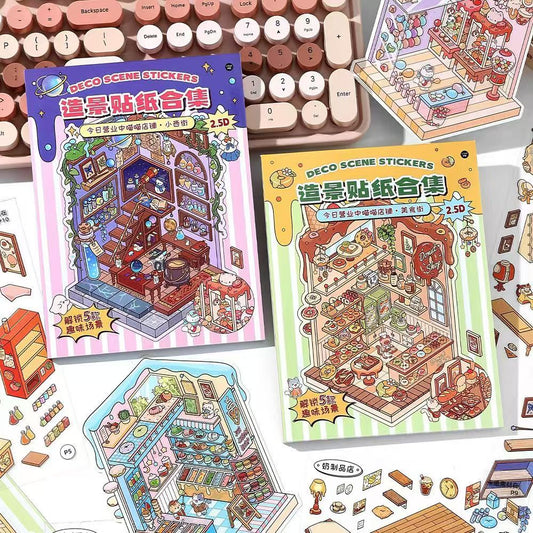 Cat Shop Series – Miniature 3D Scene Stickers Scrapbook 8.0 – 10 Unique Themes: Food Street (5 Themes) | Business Street (5 Themes)