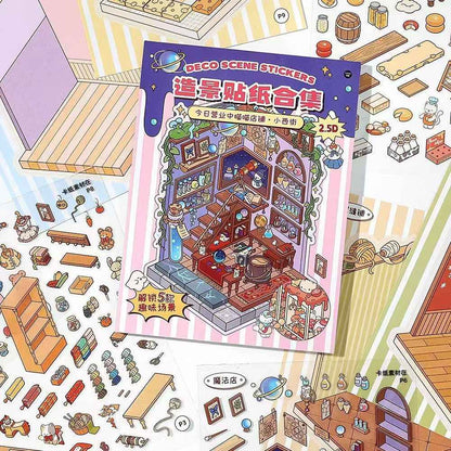 Cat Shop Series Miniature 3D Scene Stickers Scrapbook 8.0 - 10 Unique Themes Sticker Books: Food Street 5 Themes | Business Street 5 Themes