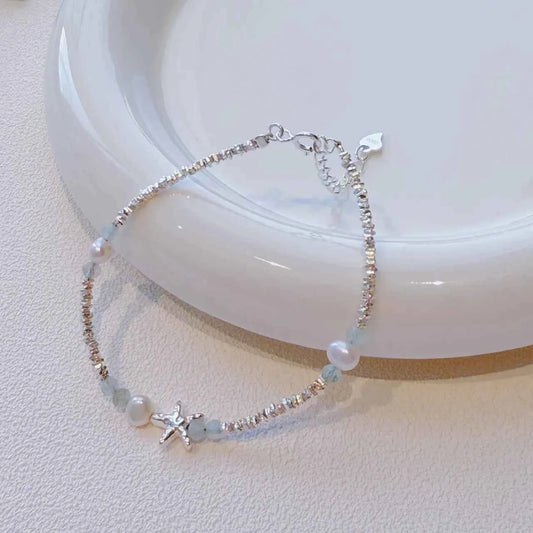 "Coastal Diary" 925 Sterling Silver Starfish and Natural Pearl Bracelet - Elegant and Youthful