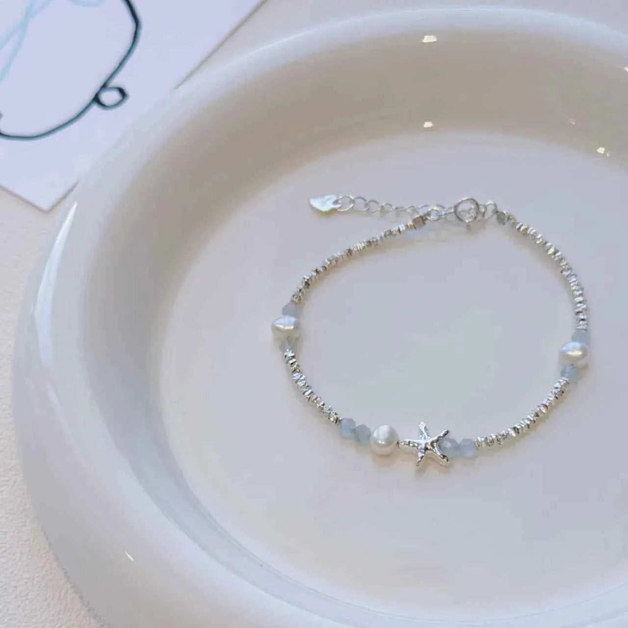 "Coastal Diary" 925 Sterling Silver Starfish and Natural Pearl Bracelet - Elegant and Youthful