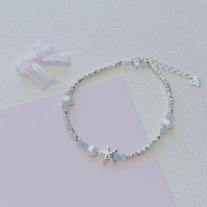 "Coastal Diary" 925 Sterling Silver Starfish and Natural Pearl Bracelet - Elegant and Youthful