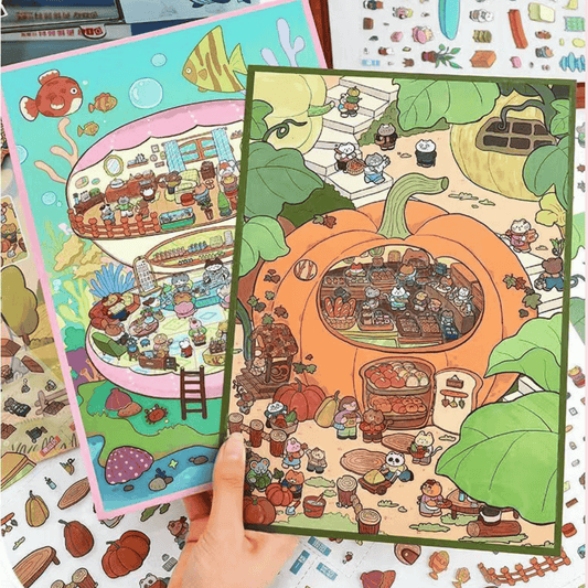 Cute Animal Workshop – Plus Size 3D Miniature Scene Stickers – 2 Theme Sets: Pumpkin Bakery | Undersea Nail Salon