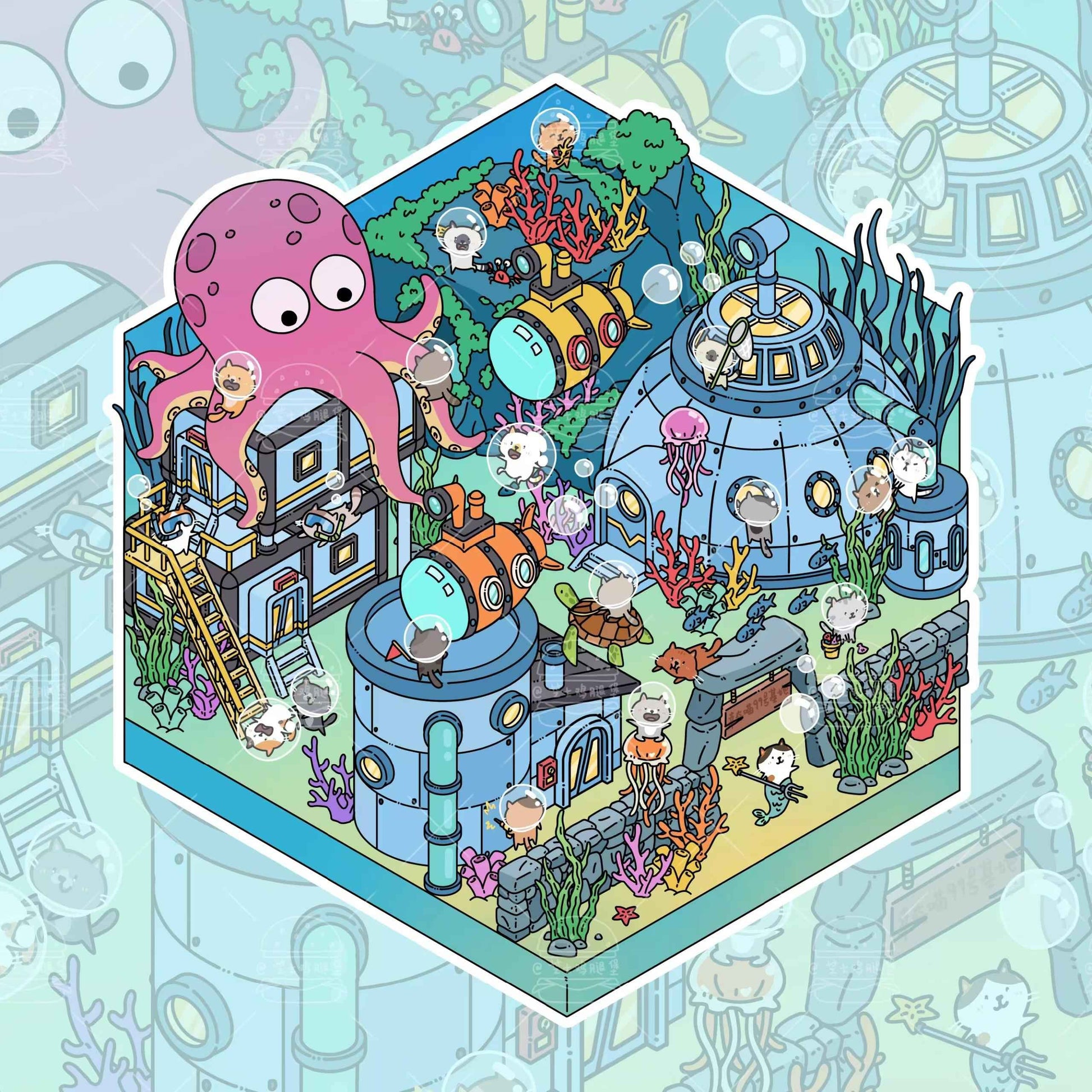 Cute Cat Sanctuary – 3D Miniature Scene Sticker – 4 Theme Sets: Forest Refuge | Snowy Shelter | Deep Sea Hideaway | Desert Haven