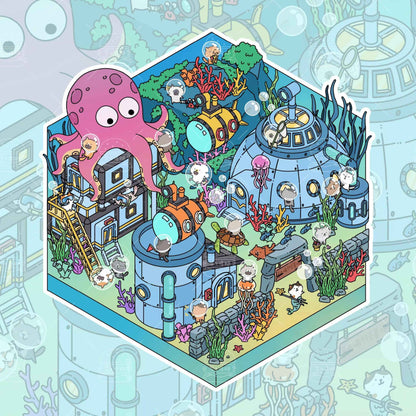 Cute Cat Sanctuary – 3D Miniature Scene Sticker – 4 Theme Sets: Forest Refuge | Snowy Shelter | Deep Sea Hideaway | Desert Haven