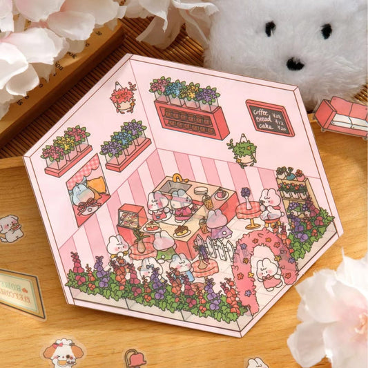 Cute Animal Party Stickers Scene – 12 Fun-Filled Themes: Bunny Flower Coffee | Puppy Supermarket | Penguin Christmas Cabin | Puppy Firework Night Market | Panda Bookstore | Panda Restaurant | Panda Theater | Panda Dress Shop | Bear Bakery | Capybara Office | Bear Ship Party | Capybara Home