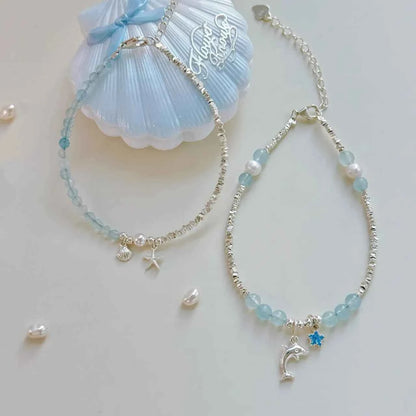 "Deep Ocean Blue" 925 Sterling Silver Bracelet with Aquamarine & Natural Pearl – Serene & Sophisticated (Copy)