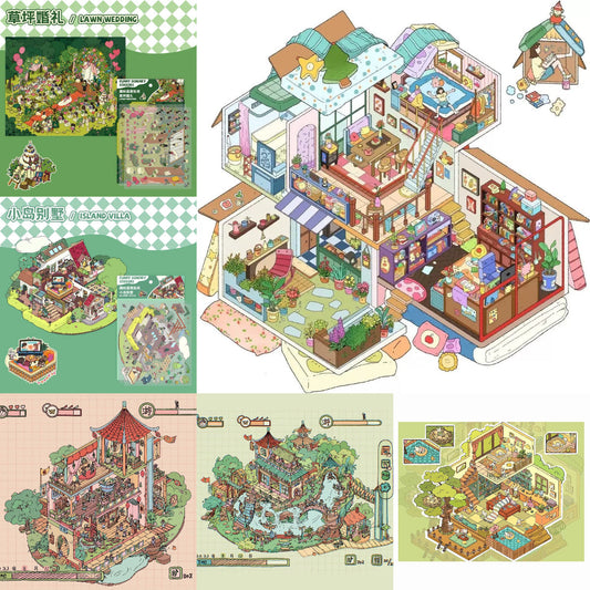 Dream Fairytale World – 12 Stickers Scene Themes: Lawn Wedding | Island Villa | Lazy House | Bunny Forest House | Traditional Hotpot Restaurant | Ancient Town | Elementary Classroom | High School Girls | Panda Villa | Birthday Party | Girl’s Forest Cottage | Cute Girl’s Home