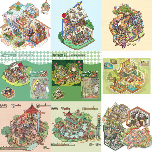 Dream Fairytale World – 12 Stickers Scene Themes: Lawn Wedding | Island Villa | Lazy House | Bunny Forest House | Traditional Hotpot Restaurant | Ancient Town | Elementary Classroom | High School Girls | Panda Villa | Birthday Party | Girl’s Forest Cottage | Cute Girl’s Home