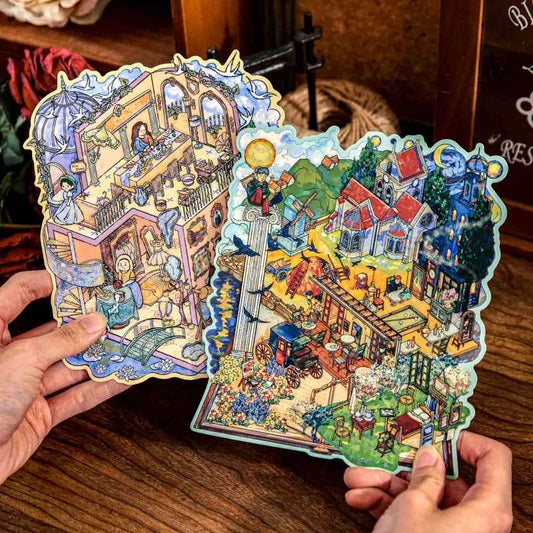 Dreamscape Oil Painting Series – 3D Miniature Scene Stickers – 2 Theme Sets: Van Gogh’s Starry Castle | Monet’s Garden Tea Party