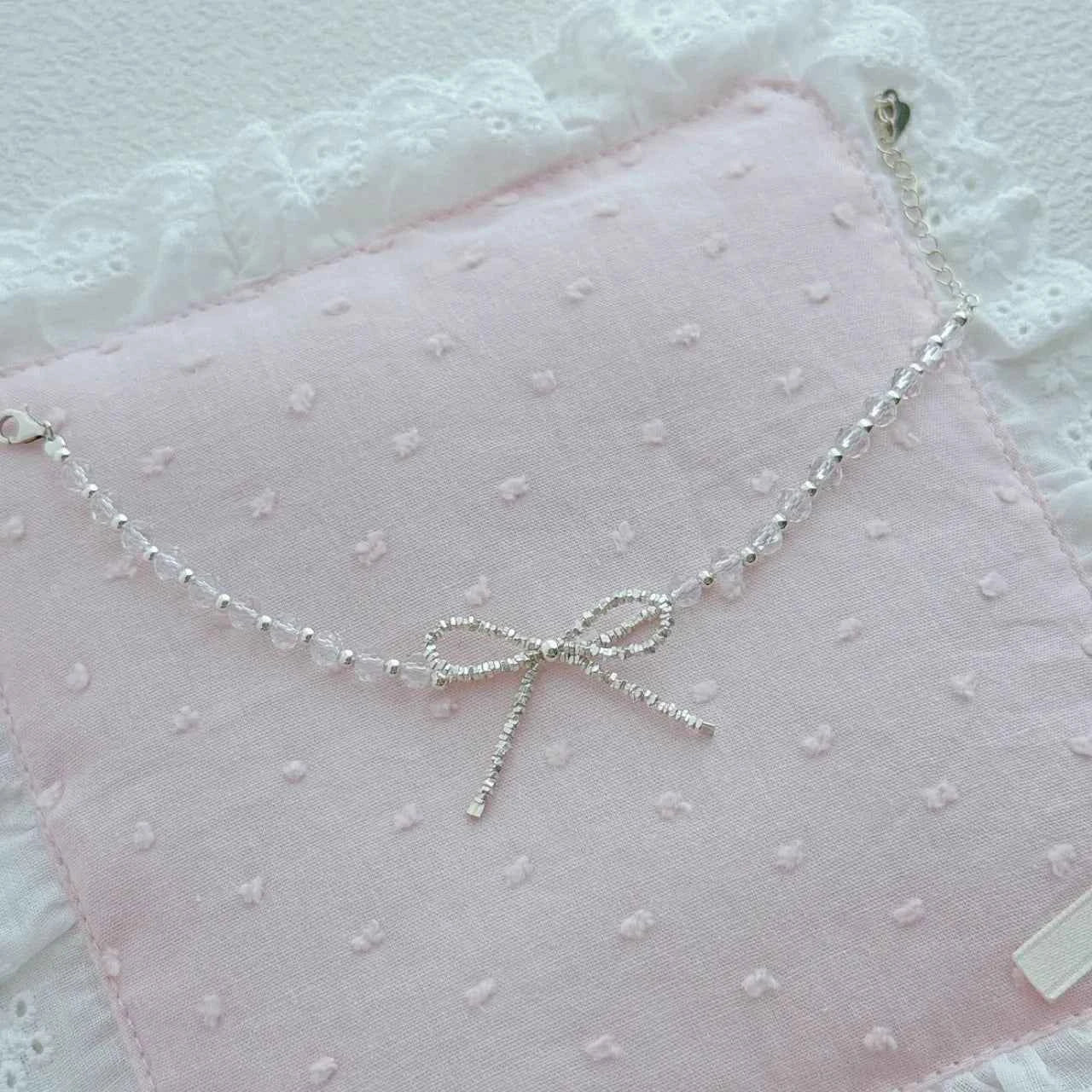 "Sweetheart Bow" 925 Sterling Silver Necklace with Synthetic Crystals - Elegant and Sweet