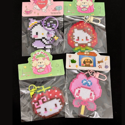 Fuse Perler Bead Finished Design, Hello Kitty Keychain Set – 4pcs Handmade