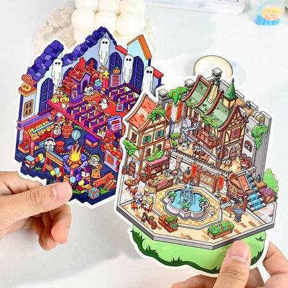 Game Start – 3D Miniature Scene Stickers – 4 Theme Sets: Cake Party | Adventurer’s Town | Mountain Wonderland | Haunted House