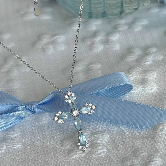 "Greek Maiden at the Wishing Well" 925 Sterling Silver Topaz-Blue Cross Pendant Necklace – Unique & Mystical (Copy)