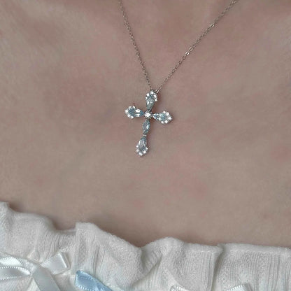 "Greek Maiden at the Wishing Well" 925 Sterling Silver Topaz-Blue Cross Pendant Necklace – Unique & Mystical (Copy)