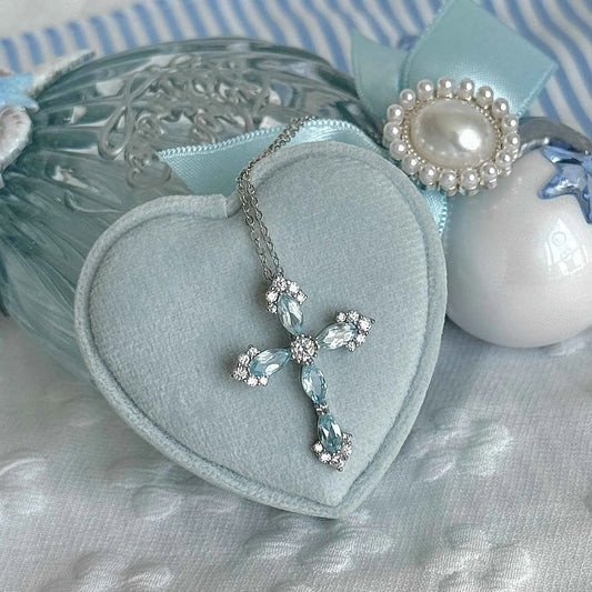 "Greek Maiden at the Wishing Well" 925 Sterling Silver Topaz-Blue Cross Pendant Necklace – Unique & Mystical (Copy)