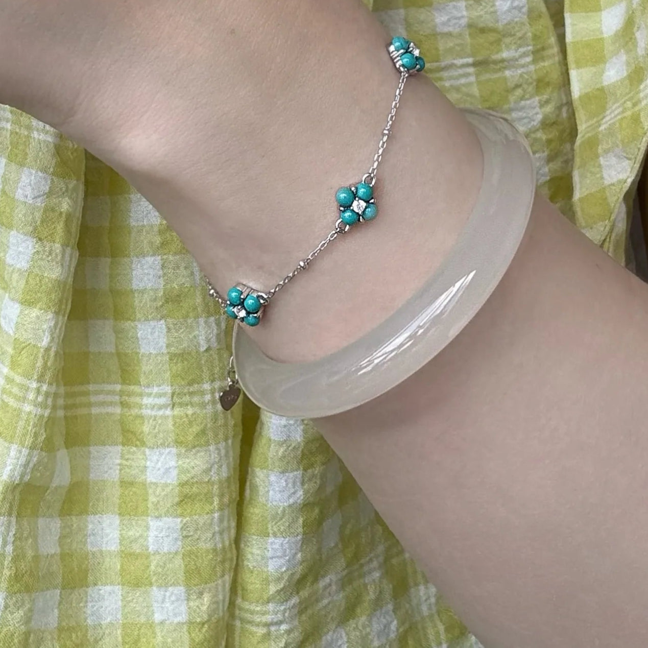 "Green Grapes Martini" Blue-Green Four-Leaf Clover Bracelet – S925 Sterling Silver