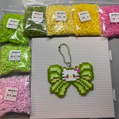 Cat with Bow Finished Design Fuse Perler Bead, Hello Kitty Keychain – Handmade 1pc