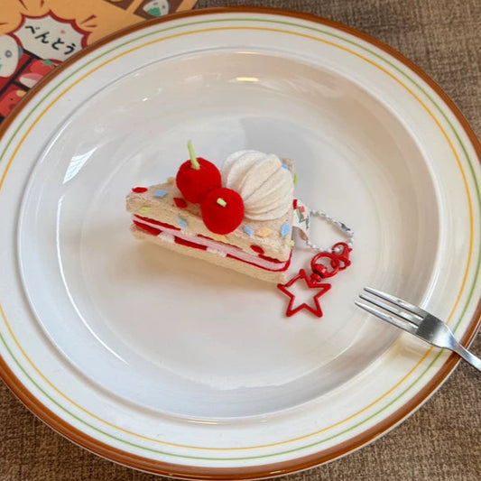 Handmade Felt Cherry Cake Slice Charm | Cute Dessert-Inspired Bag Accessory