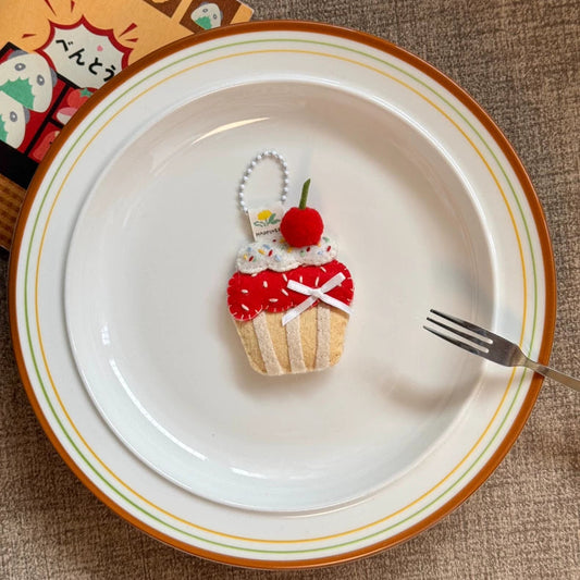 Handmade Felt Strawberry Jam Cream Cupcake Charm | Cute Felt Dessert Bag Accessory