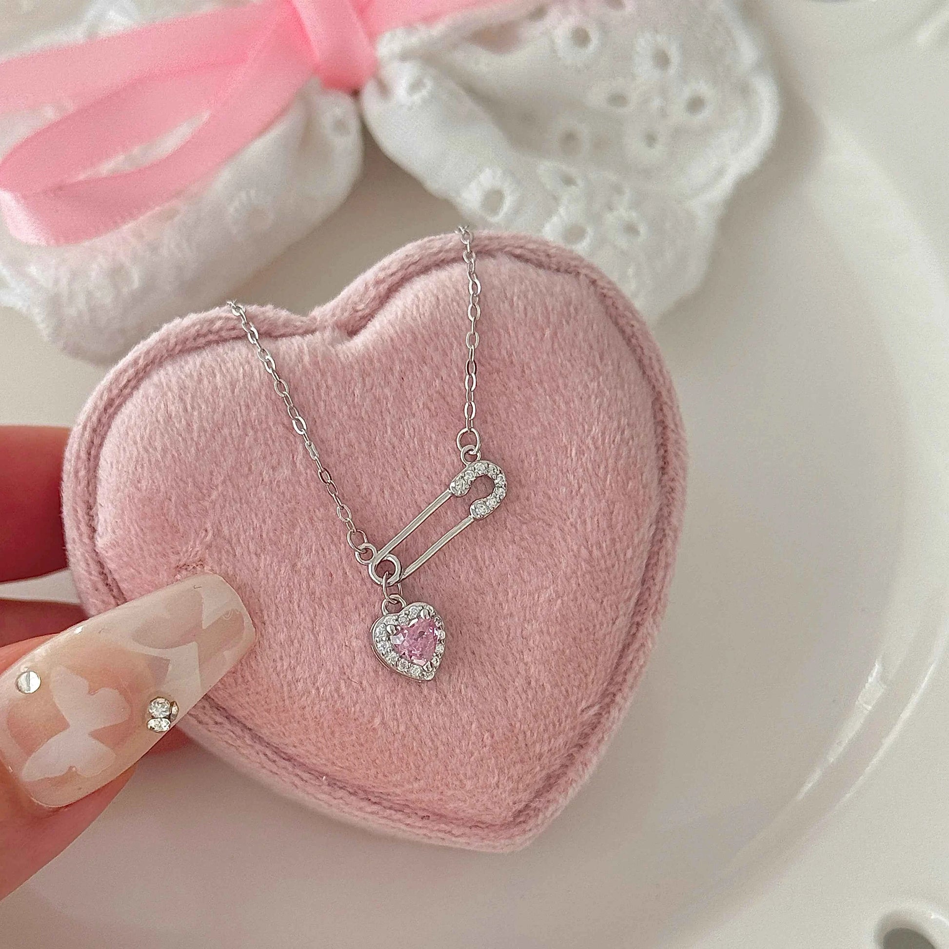 Heartfelt Connection 925 Sterling Silver Heart and Safety Pin Necklace with Pink Zircon - Unique and Charming (Copy)