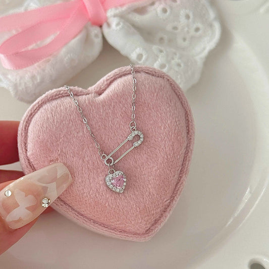 Heartfelt Connection 925 Sterling Silver Heart and Safety Pin Necklace with Pink Zircon - Unique and Charming (Copy)