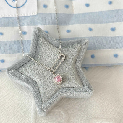Heartfelt Connection 925 Sterling Silver Heart and Safety Pin Necklace with Pink Zircon - Unique and Charming (Copy)
