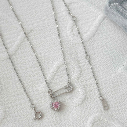 Heartfelt Connection 925 Sterling Silver Heart and Safety Pin Necklace with Pink Zircon - Unique and Charming (Copy)