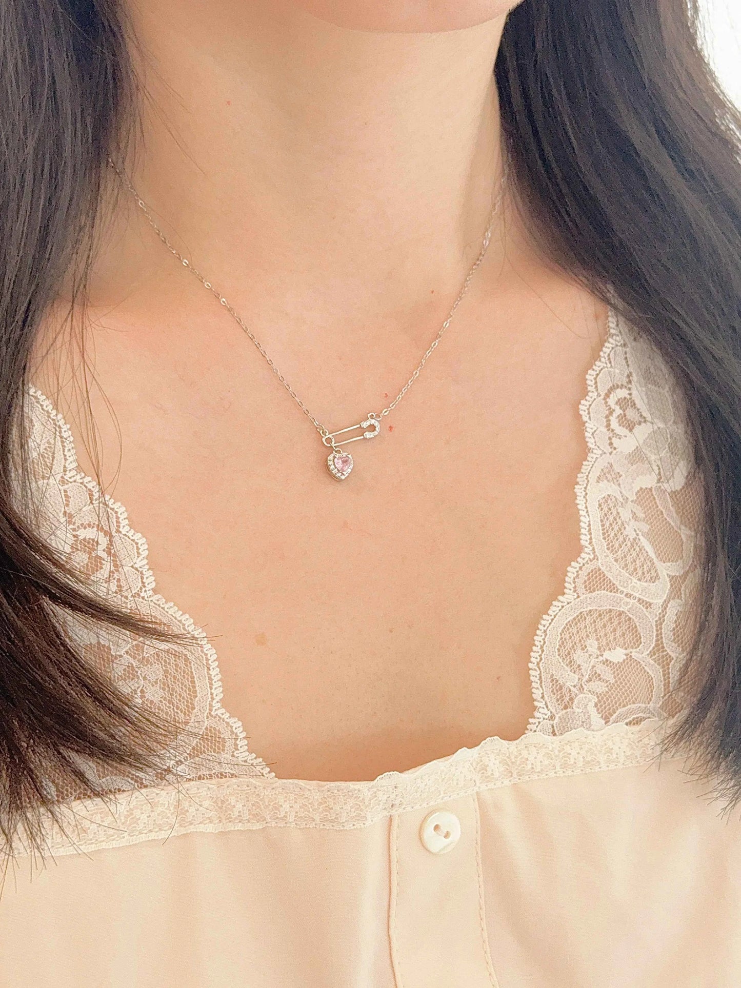 Heartfelt Connection 925 Sterling Silver Heart and Safety Pin Necklace with Pink Zircon - Unique and Charming (Copy)