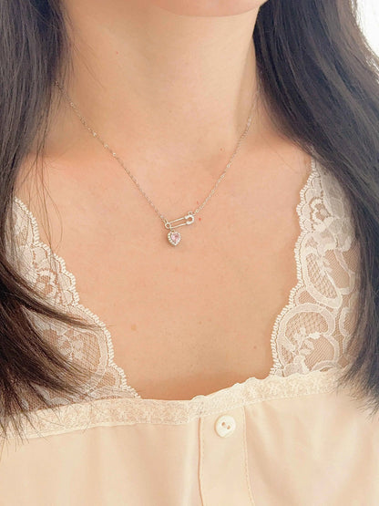Heartfelt Connection 925 Sterling Silver Heart and Safety Pin Necklace with Pink Zircon - Unique and Charming (Copy)