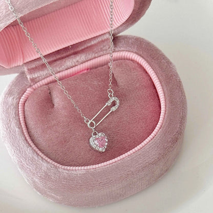 Heartfelt Connection 925 Sterling Silver Heart and Safety Pin Necklace with Pink Zircon - Unique and Charming (Copy)