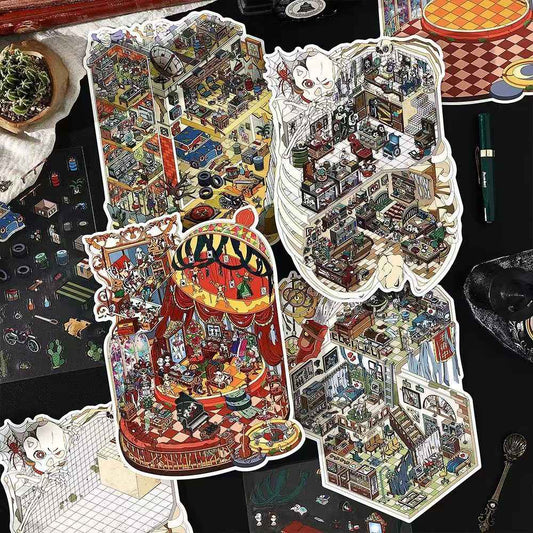 Horror Game Series – Plus Size 3D Miniature Scene Stickers – 4 Theme Sets: Puppet Theater | Screaming Surgery Room | Bio-Apocalypse Camp | Skeleton Shop
