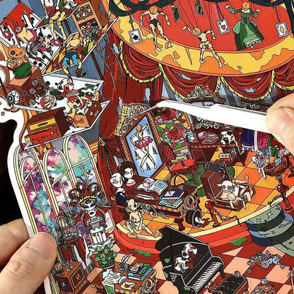 Horror Game Series – Plus Size 3D Miniature Scene Stickers – 4 Theme Sets: Puppet Theater | Screaming Surgery Room | Bio-Apocalypse Camp | Skeleton Shop
