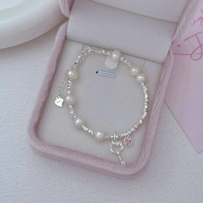 "Kitty Key" 925 Sterling Silver Bracelet with Natural Pearl - Playful and Elegant