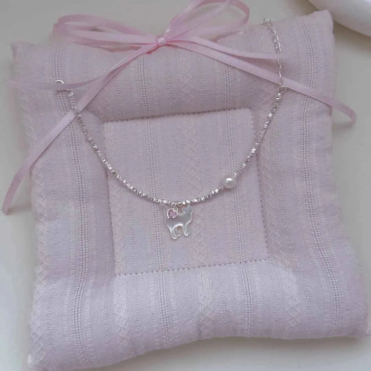 "Kitty Love" 925 Sterling Silver Bracelet with Natural Pearl - Playful and Elegant