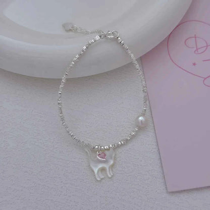 "Kitty Love" 925 Sterling Silver Bracelet with Natural Pearl - Playful and Elegant