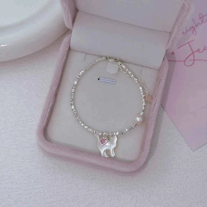 "Kitty Love" 925 Sterling Silver Bracelet with Natural Pearl - Playful and Elegant