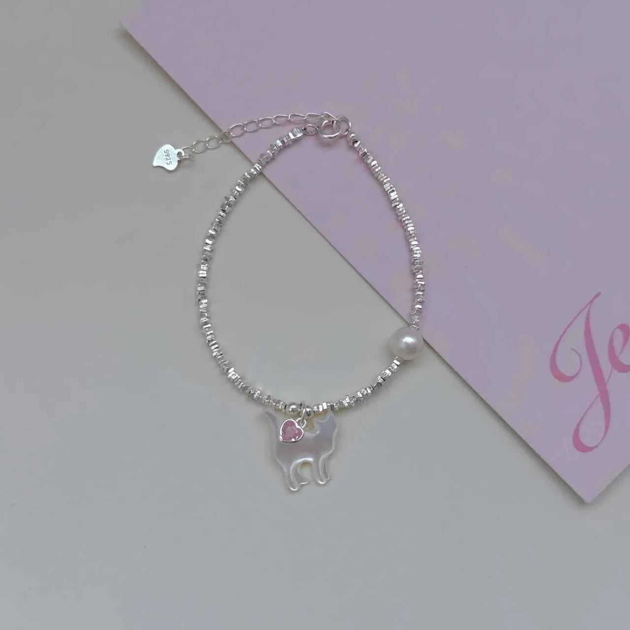 "Kitty Love" 925 Sterling Silver Bracelet with Natural Pearl - Playful and Elegant
