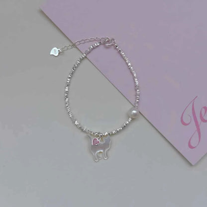 "Kitty Love" 925 Sterling Silver Bracelet with Natural Pearl - Playful and Elegant
