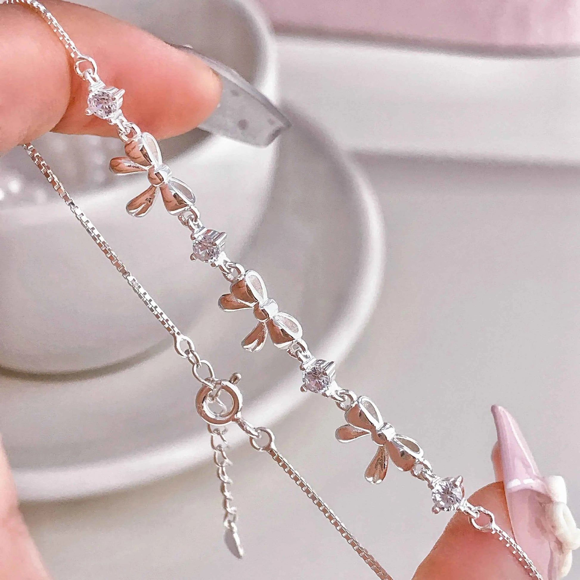 "Korean Bow" 925 Sterling Silver Bow Bracelet with Zircon – Sweet & Shimmering (Copy)
