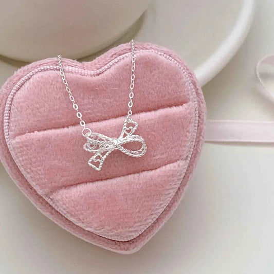 "Lorelei's Kiss" 925 Sterling Silver Lace Bow Necklace - Sweet, Elegant, and Vintage
