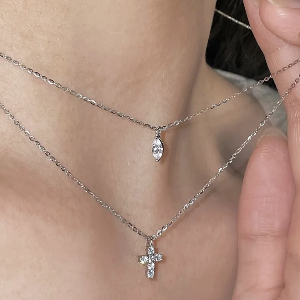 "Mini Double-Chain Cross" 925 Sterling Silver Necklace with 5A Zircon – Petite, Elegant, Faithful